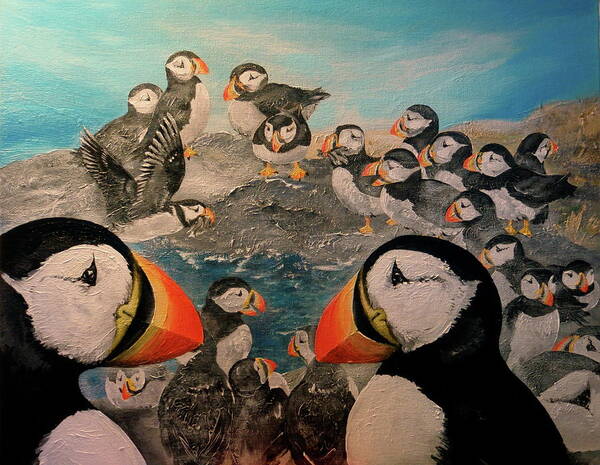 Animals Art Print featuring the painting Puffin Party by Leizel Grant