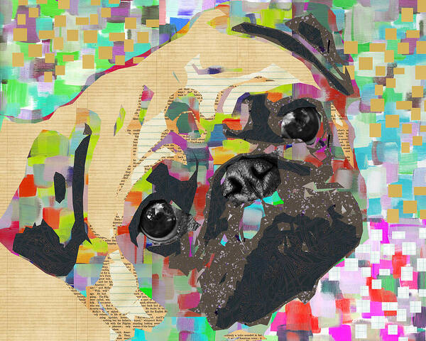 Pug Art Print featuring the mixed media Pug Collage by Claudia Schoen