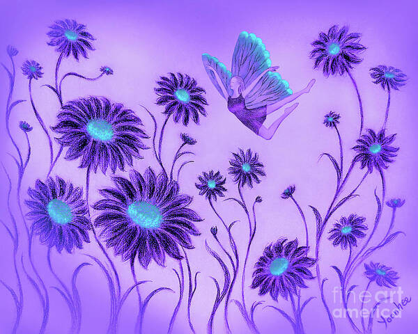 Daisy Art Print featuring the drawing Purple Dream - Dancing with Daisies by Yoonhee Ko