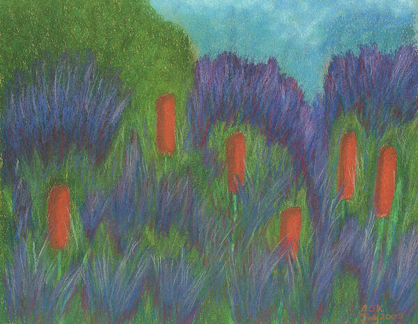 Marsh Art Print featuring the pastel Purple Strife and Cattails by Anne Katzeff
