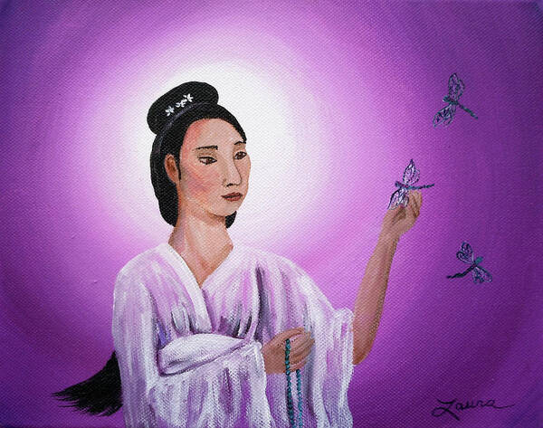 Quan Yin Art Print featuring the painting Quan Yin with Three Dragonflies by Laura Iverson