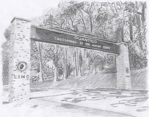 Qoso Quantico Welcome Gate Sign Crossroads Of The Marine Corps Marines Oohrah We Call Them Home Usmc Stafford Dumfries Virginia Va Nova Original Graphite Fundraiser Officer Spouses Club Spouses' Spouse's Organization Art Print featuring the drawing Quantico Welcome Graphite by Betsy Hackett