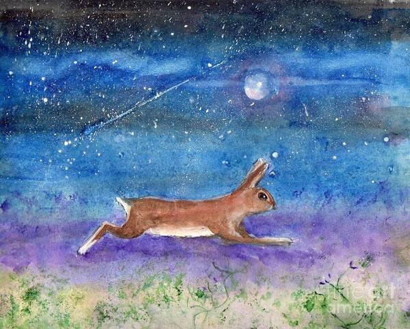 Rabbit Art Print featuring the painting Rabbit Crossing The Galaxy by Doris Blessington