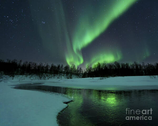 Green Art Print featuring the photograph Reflected Aurora Over A Frozen Laksa by Arild Heitmann