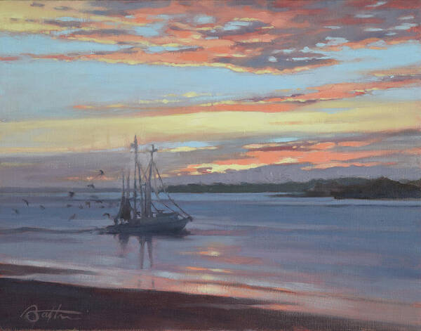 Boat Art Print featuring the painting Returning With the Catch by Todd Baxter