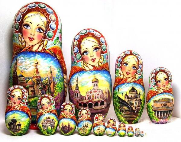 Nesting Doll 15pcs 13 In 35cm. Matryoshka Art Print featuring the sculpture Rhinestones Of Moscow by Viktoriya Sirris