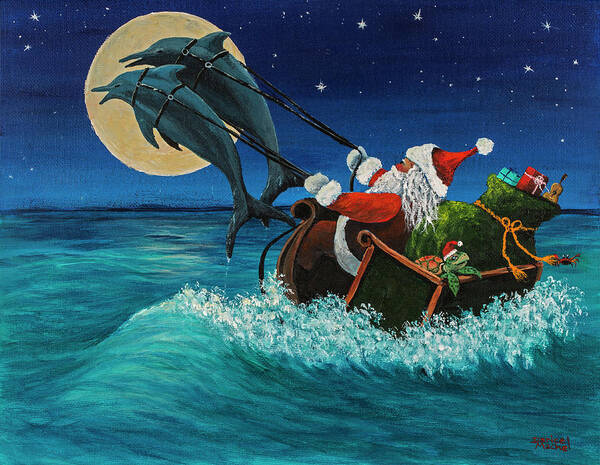 Santa Art Print featuring the painting Riding The Waves With Santa by Darice Machel McGuire