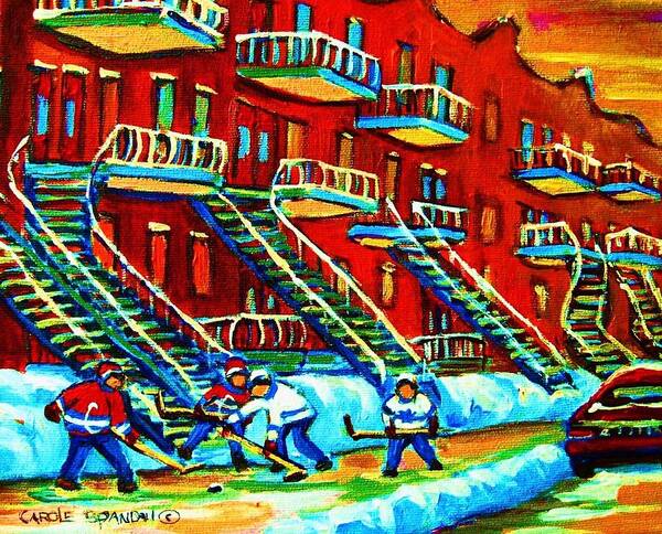 Hockey Art Print featuring the painting Rowhouses And Hockey by Carole Spandau