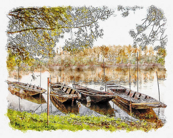 Rowing Boats Art Print featuring the digital art Rowing Boats and Punts on the Loire France by Anthony Murphy