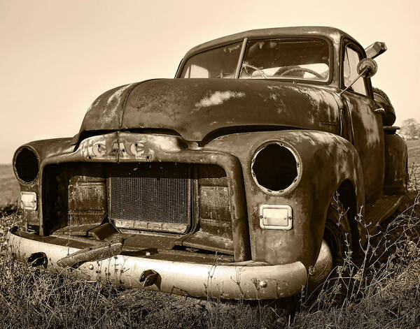 Vintage Art Print featuring the photograph Rusty But Trusty Old GMC Pickup Truck - Sepia by Gordon Dean II