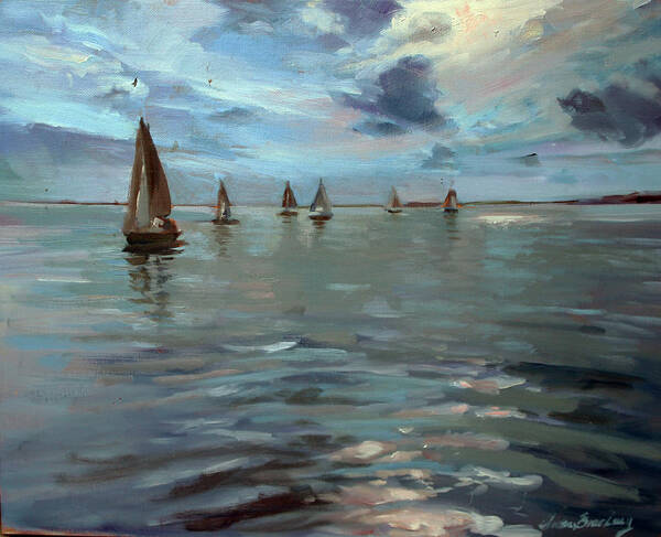 Sailboats Art Print featuring the painting Sailboats on the Chesapeake bay by Susan Bradbury