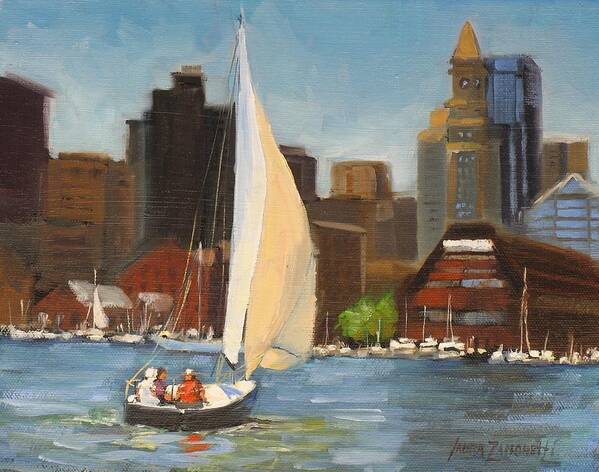 Oil Painting Art Print featuring the painting Sailing Boston Harbor by Laura Lee Zanghetti