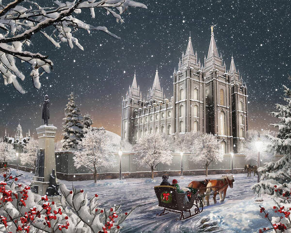 Salt Lake Art Print featuring the painting Salt Lake Temple - Old Time Christmas by Brent Borup