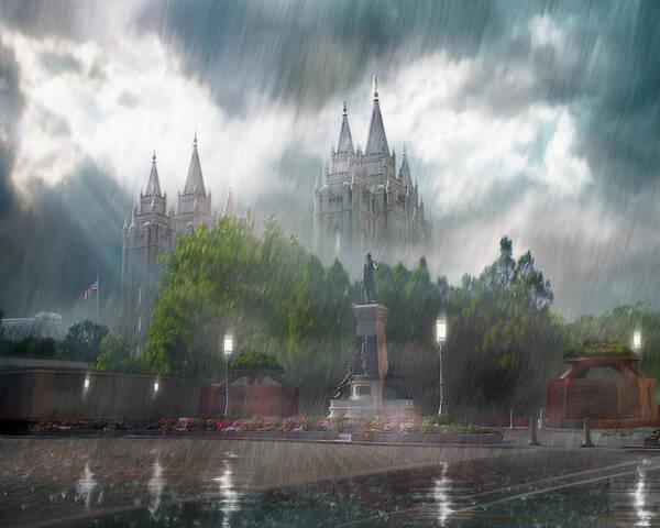 Salt Lake Art Print featuring the painting Salt Lake Temple - Refuge from the Storm by Brent Borup