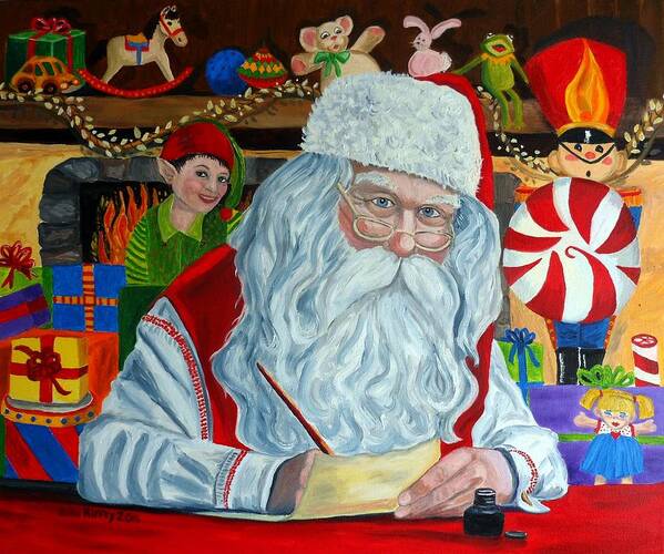 Santa Art Print featuring the painting Santa's Making A List-Christmas Holiday painting by Julie Brugh Riffey