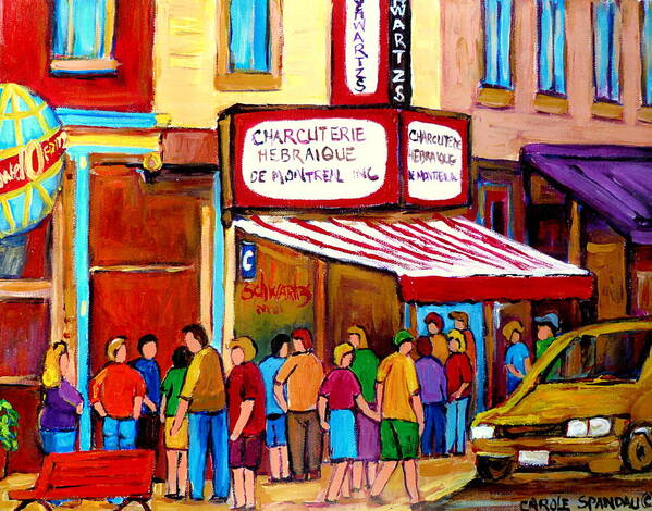 Schwartzs Deli Art Print featuring the painting Schwartzs Hebrew Deli Montreal Streetscene by Carole Spandau