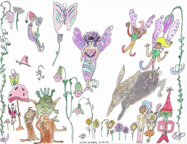 Rabbit Art Print featuring the painting Shoe Tree Rabbit and Fairies by Helen Holden-Gladsky