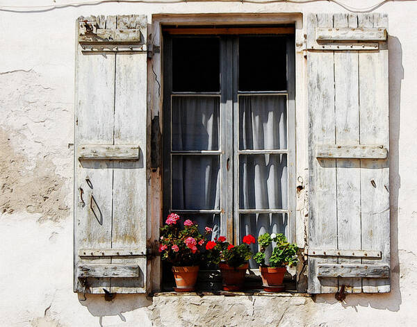 Shutters Art Print featuring the photograph Shutters and Geraniums by Marion McCristall