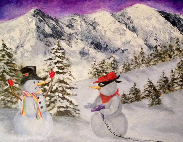 Snowman Art Print featuring the painting Snowie Hold-Up by Donna Tucker