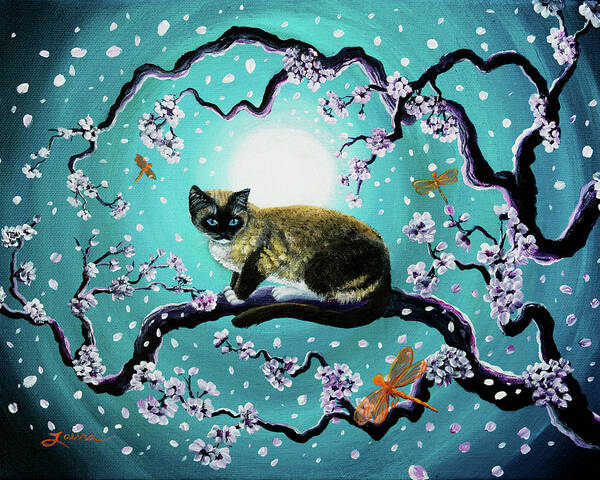 Siamese Art Print featuring the painting Snowshoe Cat and Dragonfly in Sakura by Laura Iverson