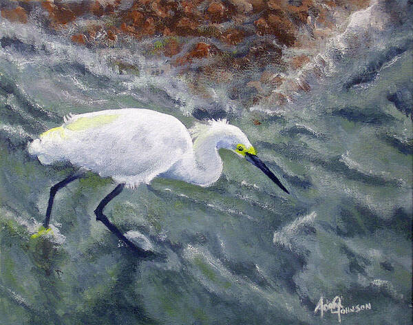 Egret Art Print featuring the painting Snowy Egret Near Jetty Rock by Adam Johnson