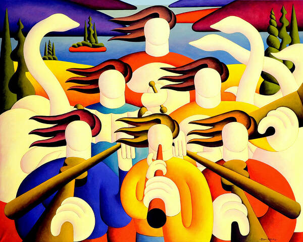 Trad Art Print featuring the painting Soft musicians with swans in landscape by Alan Kenny