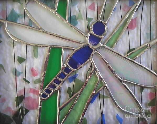 Stained Glass Art Print featuring the glass art Stained Glass Dragonfly in Reeds by Karen J Jones by Karen Jane Jones