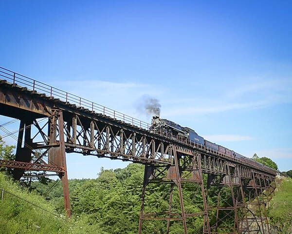 Steam Engine Over Letchworth State Park Art Print featuring the photograph Steam Engine over the Trestle by Joe Granita