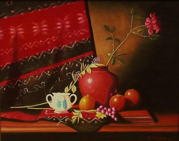 Stilllife Art Print featuring the painting Still life with red vase. by Gene Gregory