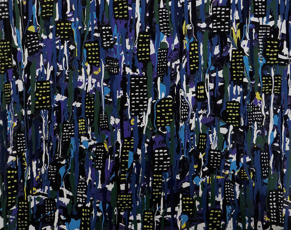 Stormy Art Print featuring the painting Stormy Night in the City by Teresa Wing
