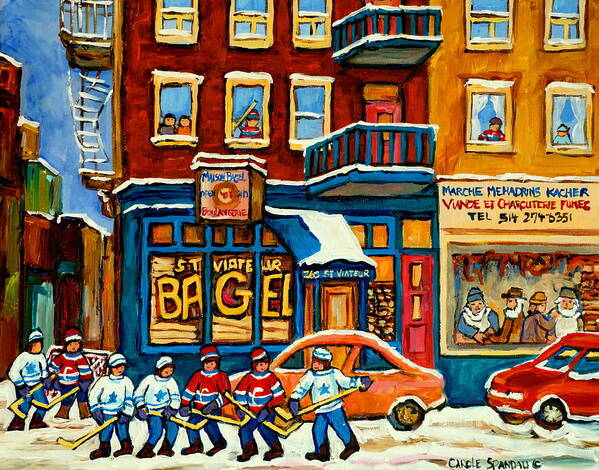 St.viateur Bagel Art Print featuring the painting St.viateur Bagel Hockey Montreal by Carole Spandau
