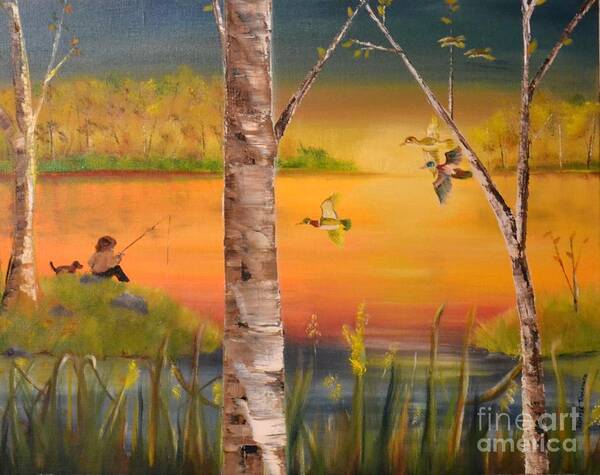 Lake Art Print featuring the painting Sunset Fishing by Denise Tomasura