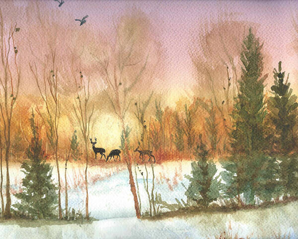 Deer Art Print featuring the painting Sunset in the Winter Forest by Elise Boam