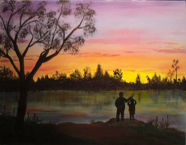 Landscape Art Print featuring the painting Sunset over lake by Nancy Sisco