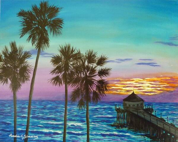 Surf City Sunset Art Print featuring the painting Surf City Sunset by Amelie Simmons