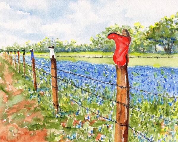 Texas Art Print featuring the painting Texas Bluebonnets Boot Fence by Carlin Blahnik CarlinArtWatercolor