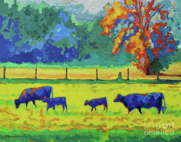 Texas Cows And Calves Art Print featuring the painting Texas Cows and Calves at Sunset Painting T Bertram Poole by Thomas Bertram POOLE