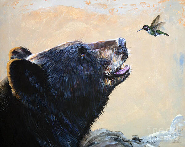 Bear Art Print featuring the painting The Bear and the Hummingbird by J W Baker