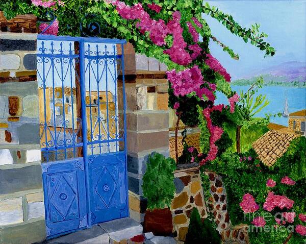 Poros Island Gate Art Print featuring the painting The Blue Gate by Rodney Campbell