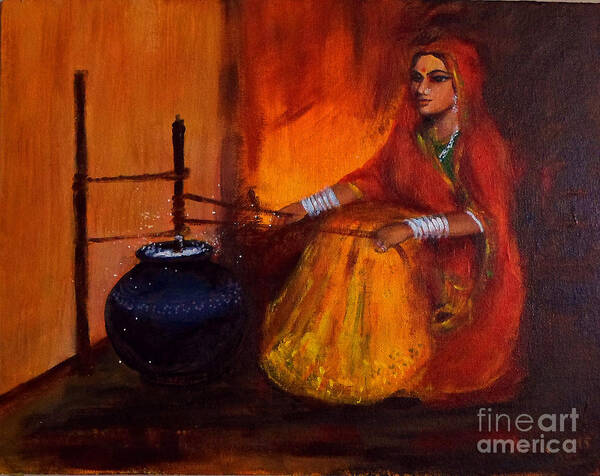 Dahi Art Print featuring the painting The churning by Asha Sudhaker Shenoy