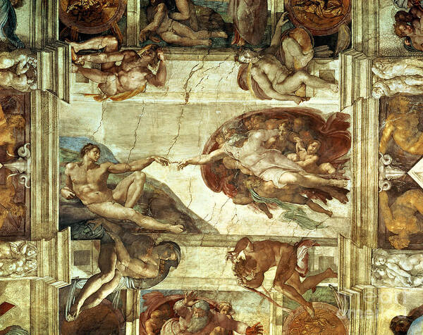 The Creation Of Adam Art Print featuring the painting The Creation of Adam by Michelangelo