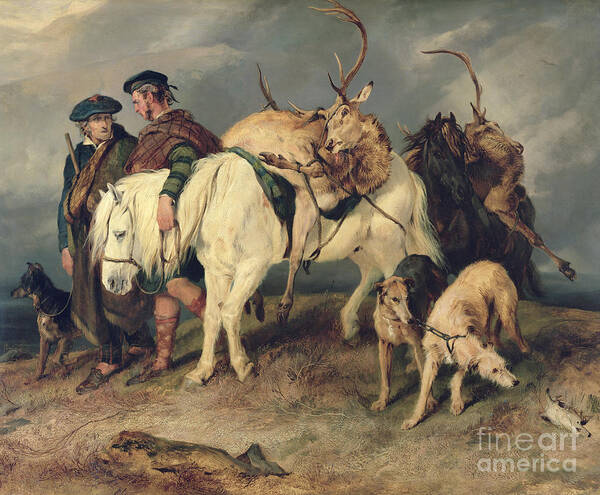 The Art Print featuring the painting The Deerstalkers Return by Edwin Landseer