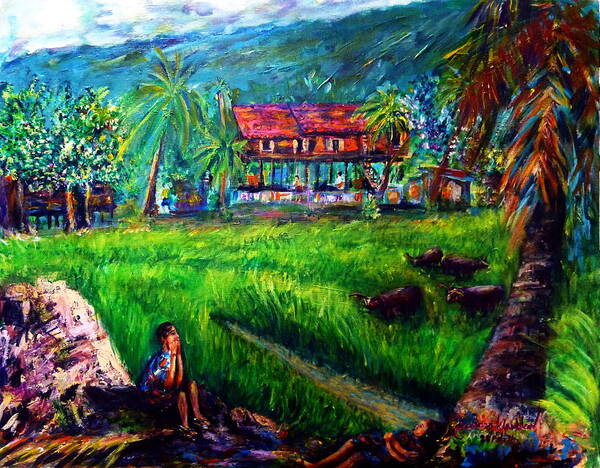 Traditional Art Print featuring the painting The local people's life of Nakornnayok by Wanvisa Klawklean