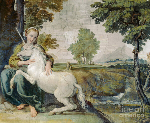 Adult Art Print featuring the painting The Maiden and the Unicorn by Celestial Images