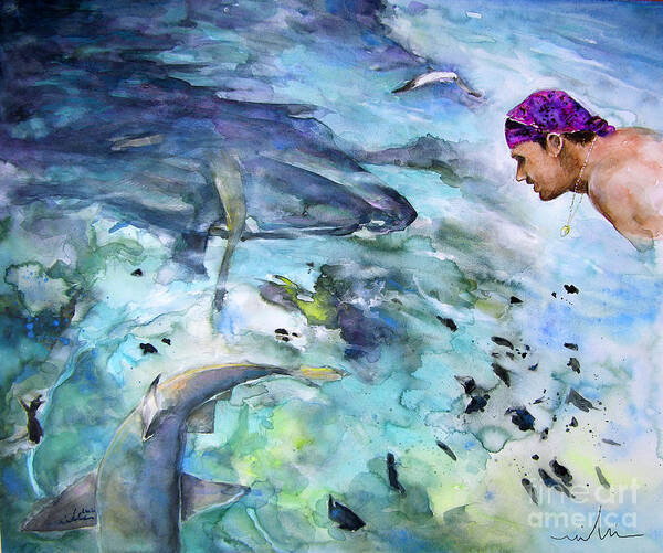 French Polynesia Art Print featuring the painting The Man and The Sharks by Miki De Goodaboom