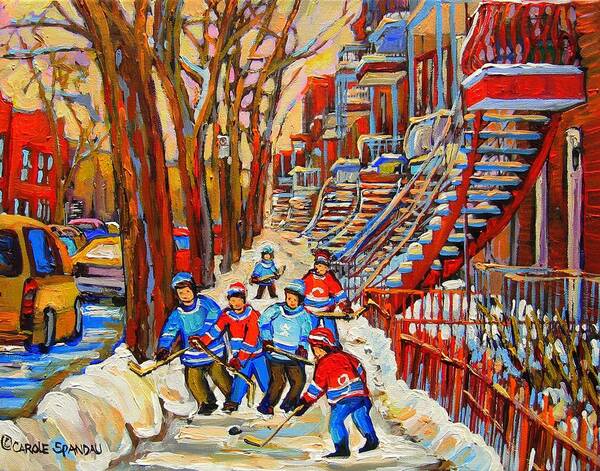  Art Print featuring the painting The Red Staircase Painting By Montreal Streetscene Artist Carole Spandau by Carole Spandau