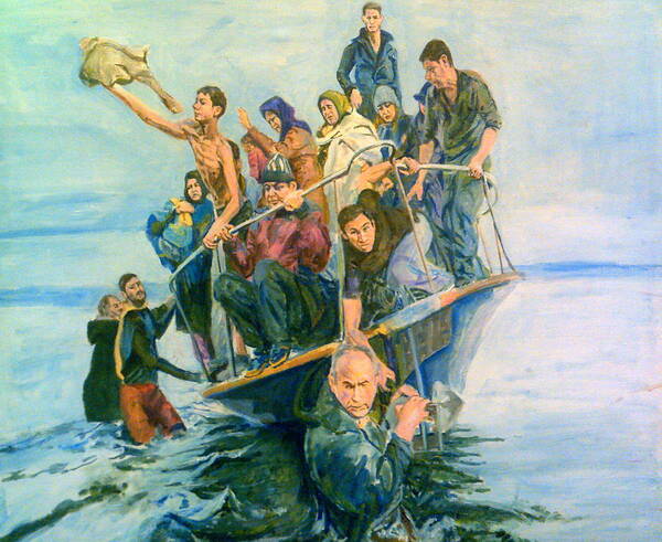 Refugees Art Print featuring the painting The Refugees Seek The Shore by Rosanne Gartner