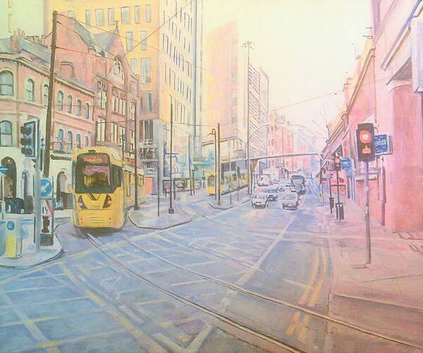 Yellow Metrolink Tram Piccadilly Metro Station Traffic Lights Road Buildings Tramlines Art Print featuring the painting Tram About To Turn Into Piccadilly Metro Station, Manchester by Rosanne Gartner