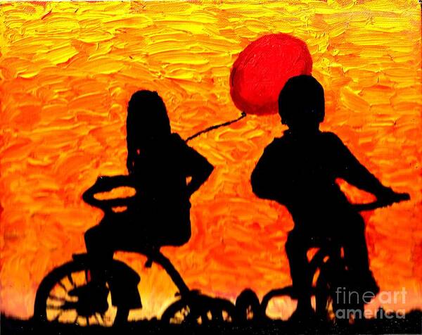 Trikes Art Print featuring the painting Trikes Red Baloon 1 by Richard W Linford