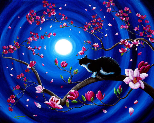 Tuxedo Art Print featuring the painting Tuxedo Cat in a Japanese Magnolia Tree by Laura Iverson